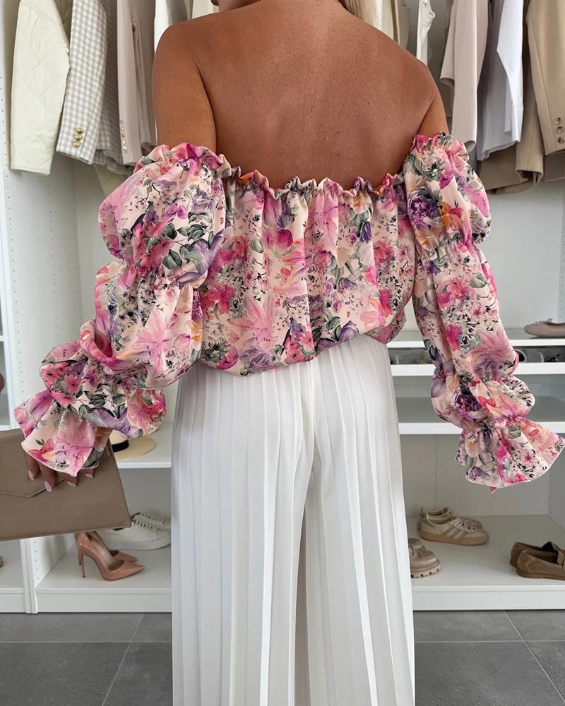 Floral Print Off Shoulder Puff Sleeve Sexy Ruffles Blouse