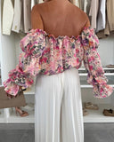 Floral Print Off Shoulder Puff Sleeve Sexy Ruffles Blouse