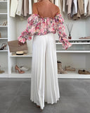 Floral Print Off Shoulder Puff Sleeve Sexy Ruffles Blouse