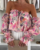 Floral Print Off Shoulder Puff Sleeve Sexy Ruffles Blouse