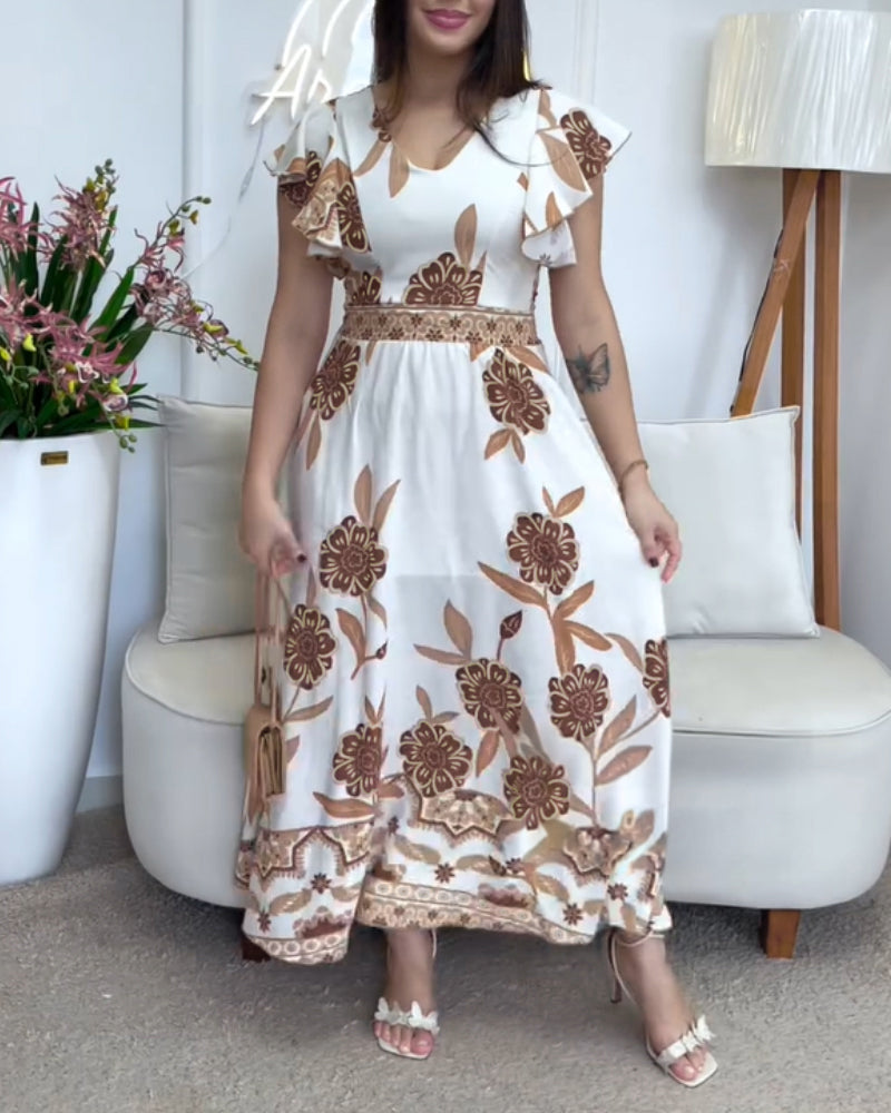 Floral Print V Neck Short Sleeve Shirred Dress