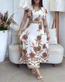 Floral Print V Neck Short Sleeve Shirred Dress