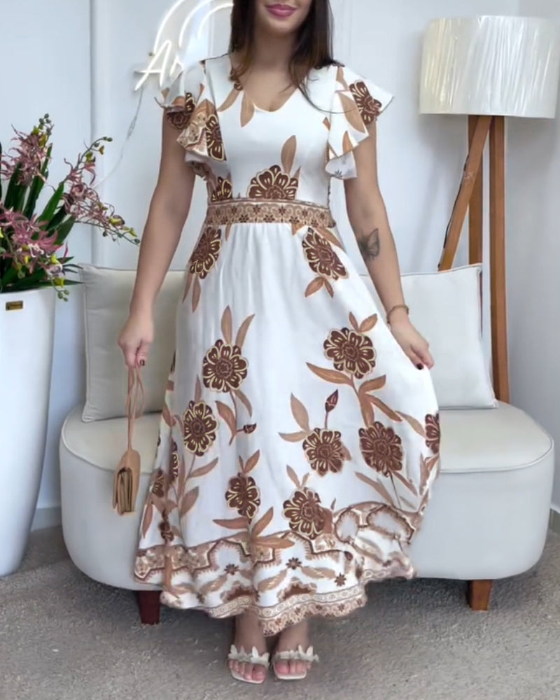 Floral Print V Neck Short Sleeve Shirred Dress