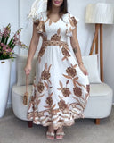Floral Print V Neck Short Sleeve Shirred Dress