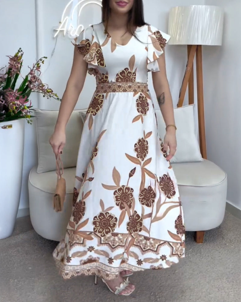 Floral Print V Neck Short Sleeve Shirred Dress