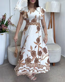 Floral Print V Neck Short Sleeve Shirred Dress