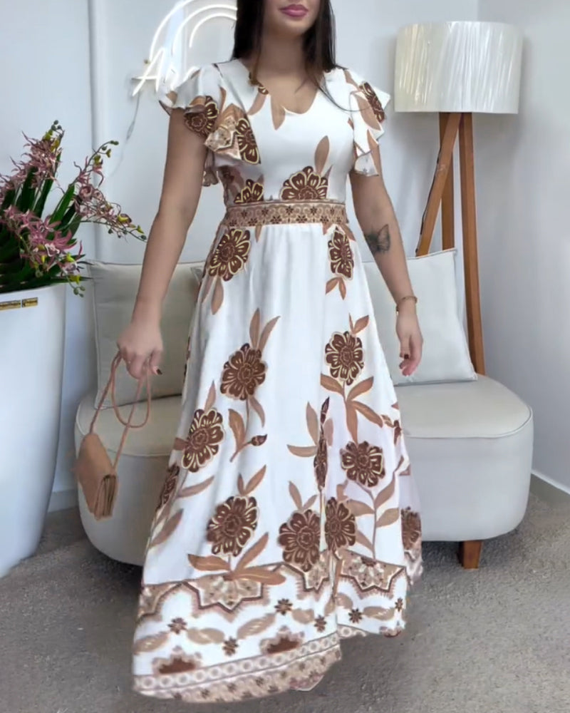 Floral Print V Neck Short Sleeve Shirred Dress