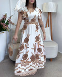 Floral Print V Neck Short Sleeve Shirred Dress
