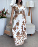 Floral Print V Neck Short Sleeve Shirred Dress