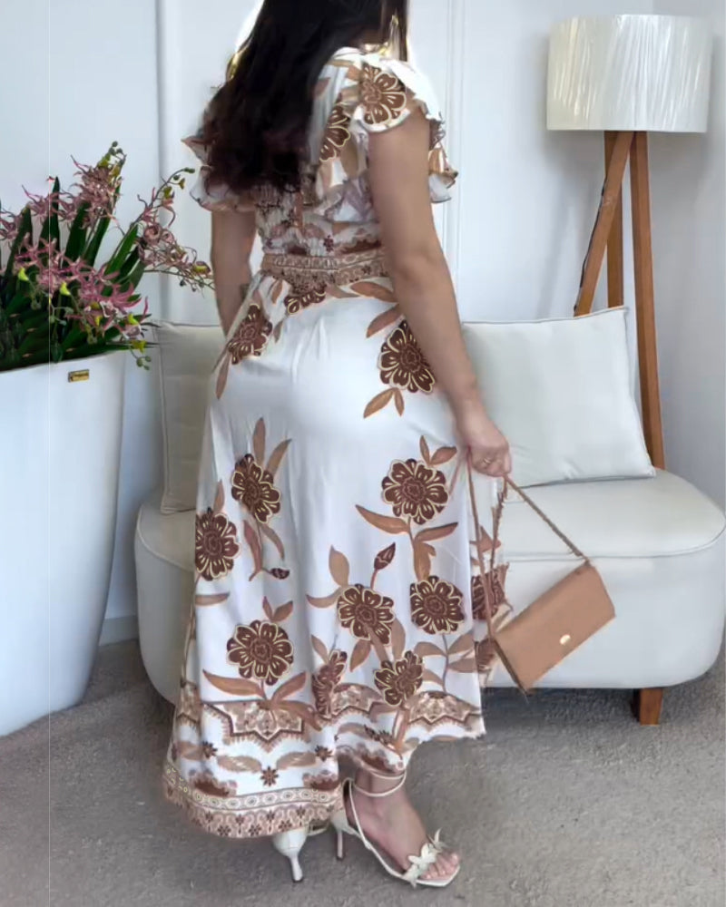 Floral Print V Neck Short Sleeve Shirred Dress