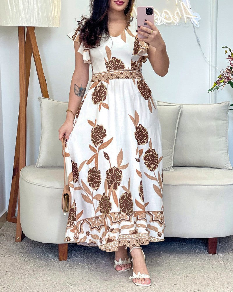 Floral Print V Neck Short Sleeve Shirred Dress