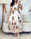 Floral Print V Neck Short Sleeve Shirred Dress
