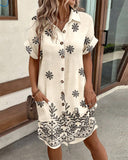 Turn down Collar Short Sleeve Dress Casual Button Dress with Pocket
