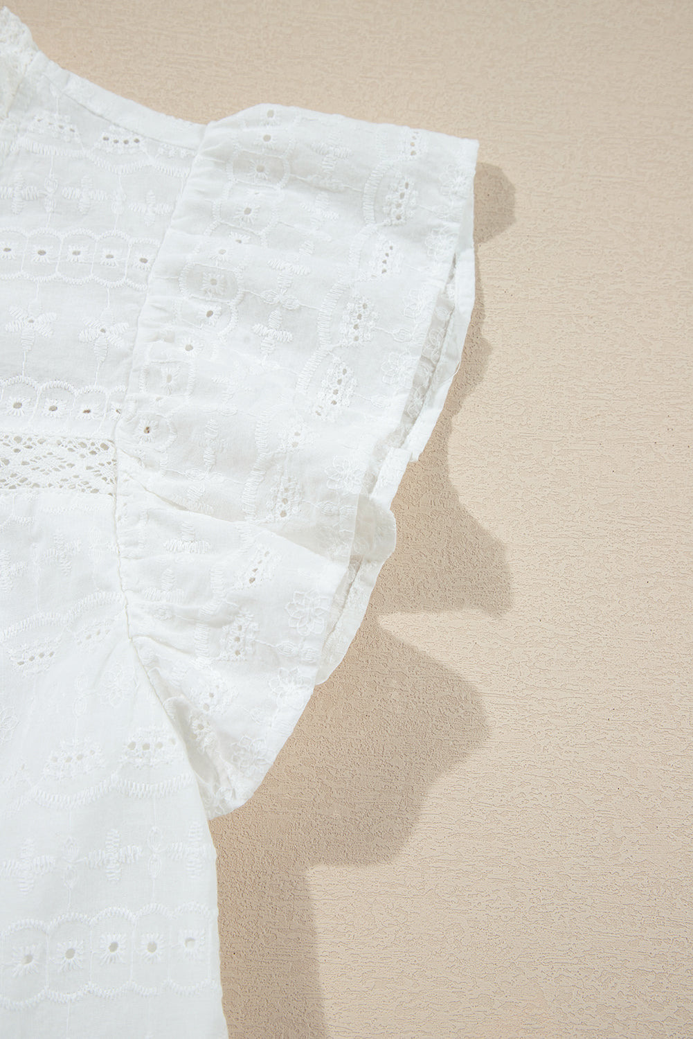 White Lace Neckline Flutter Sleeve Eyelets Blouse