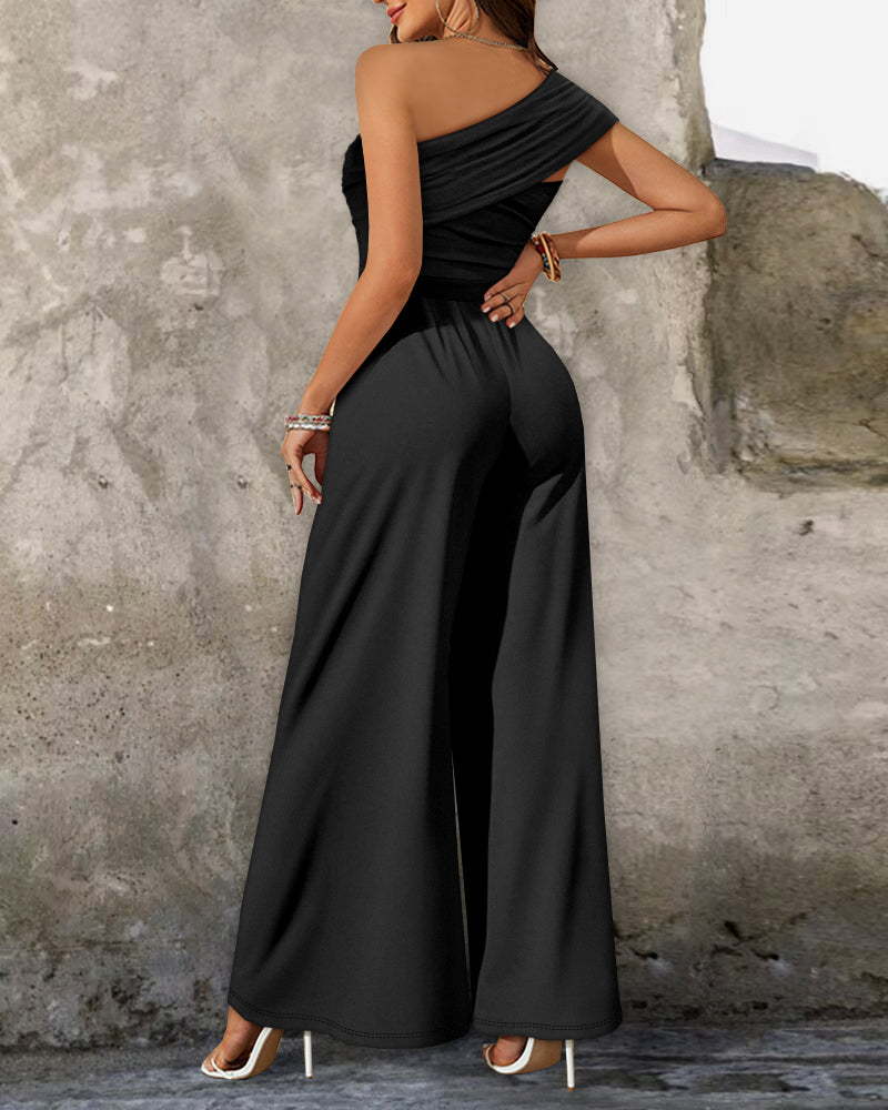 Cold Shoulder Ruched Buckle Wide Leg Jumpsuit
