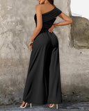 Cold Shoulder Ruched Buckle Wide Leg Jumpsuit