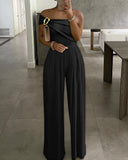 Cold Shoulder Ruched Buckle Wide Leg Jumpsuit