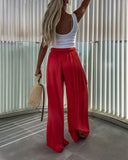 Ruched Elastic Waist Wide Leg Casual Pants