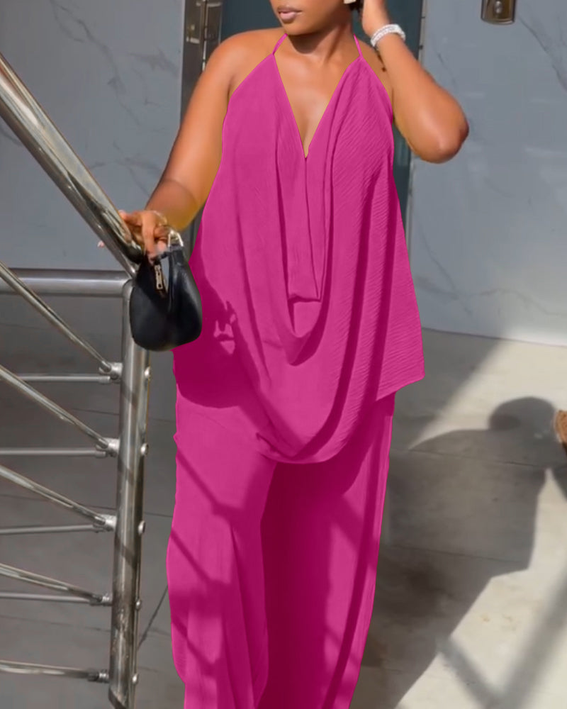 2 Pieces Outfit Plain Textured Cowl Neck Cold Shoulder Sleeveless Ruched Top and Casual Wide Leg Pants Set