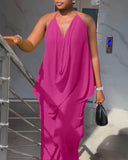 2 Pieces Outfit Plain Textured Cowl Neck Cold Shoulder Sleeveless Ruched Top and Casual Wide Leg Pants Set