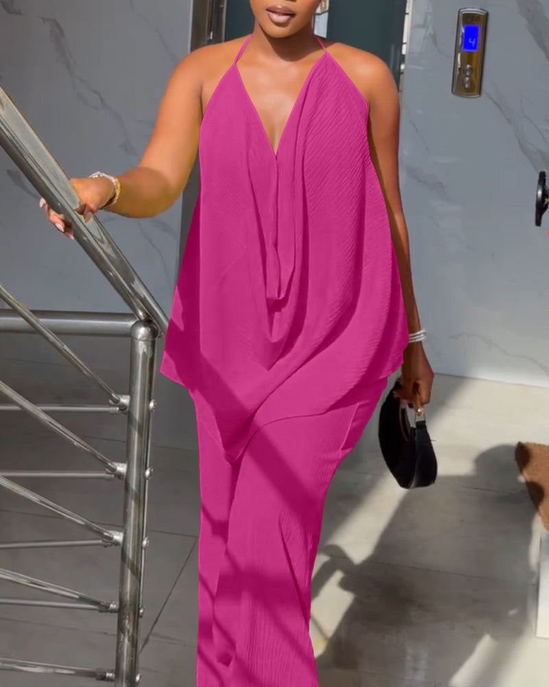 2 Pieces Outfit Plain Textured Cowl Neck Cold Shoulder Sleeveless Ruched Top and Casual Wide Leg Pants Set