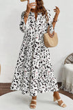 White Leopard Print Notch V Neck Loose Fit Maxi Dress