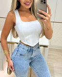 Square Neck Sleeveless Seam Front Slim Fit Asymmetric Hem Crop Tank
