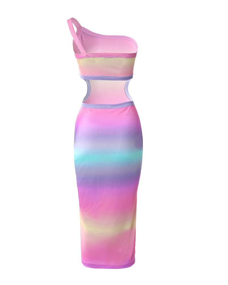 Ombre One Shoulder Cutout Ribbed Bodycon Dress