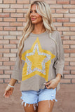 Medium Grey Floral Star Patched Pattern 3/4 Sleeve Plus Size Top