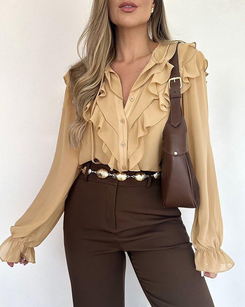 Plain Ruffles Lace Up Long Sleeve Blouse Casual V Neck Chiffon Shirt
