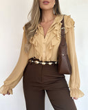 Plain Ruffles Lace Up Long Sleeve Blouse Casual V Neck Chiffon Shirt