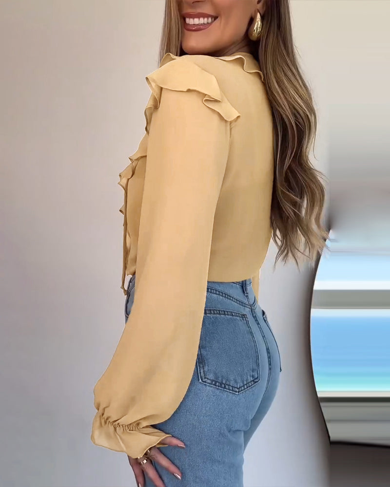 Plain Ruffles Lace Up Long Sleeve Blouse Casual V Neck Chiffon Shirt