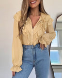 Plain Ruffles Lace Up Long Sleeve Blouse Casual V Neck Chiffon Shirt