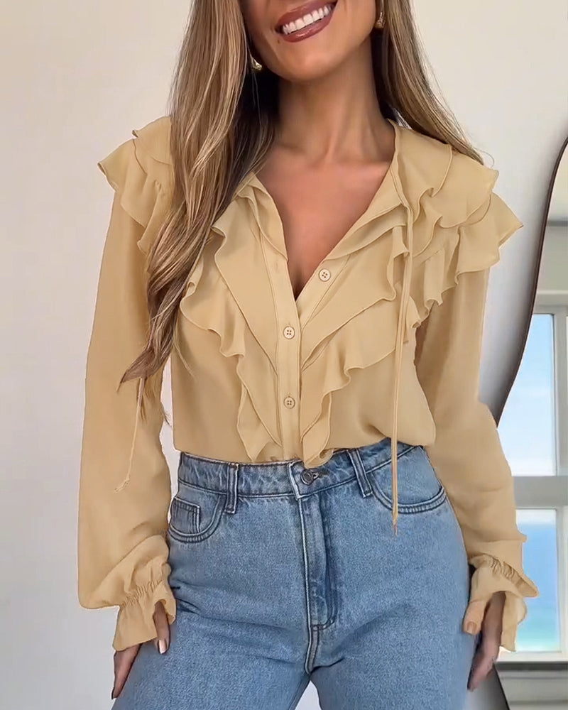 Plain Ruffles Lace Up Long Sleeve Blouse Casual V Neck Chiffon Shirt