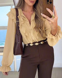 Plain Ruffles Lace Up Long Sleeve Blouse Casual V Neck Chiffon Shirt