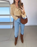 Plain Ruffles Lace Up Long Sleeve Blouse Casual V Neck Chiffon Shirt