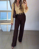 Plain Ruffles Lace Up Long Sleeve Blouse Casual V Neck Chiffon Shirt