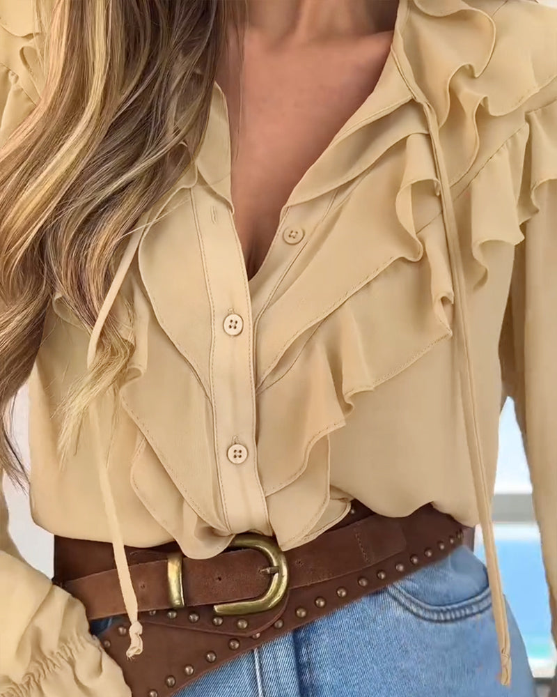 Plain Ruffles Lace Up Long Sleeve Blouse Casual V Neck Chiffon Shirt