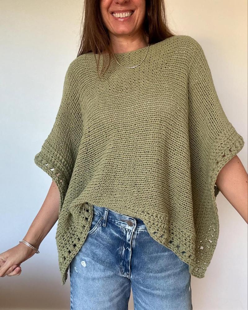 Solid Three Quarters Batwing Sleeve Hollow out Pattern Edges Casual Knit Top