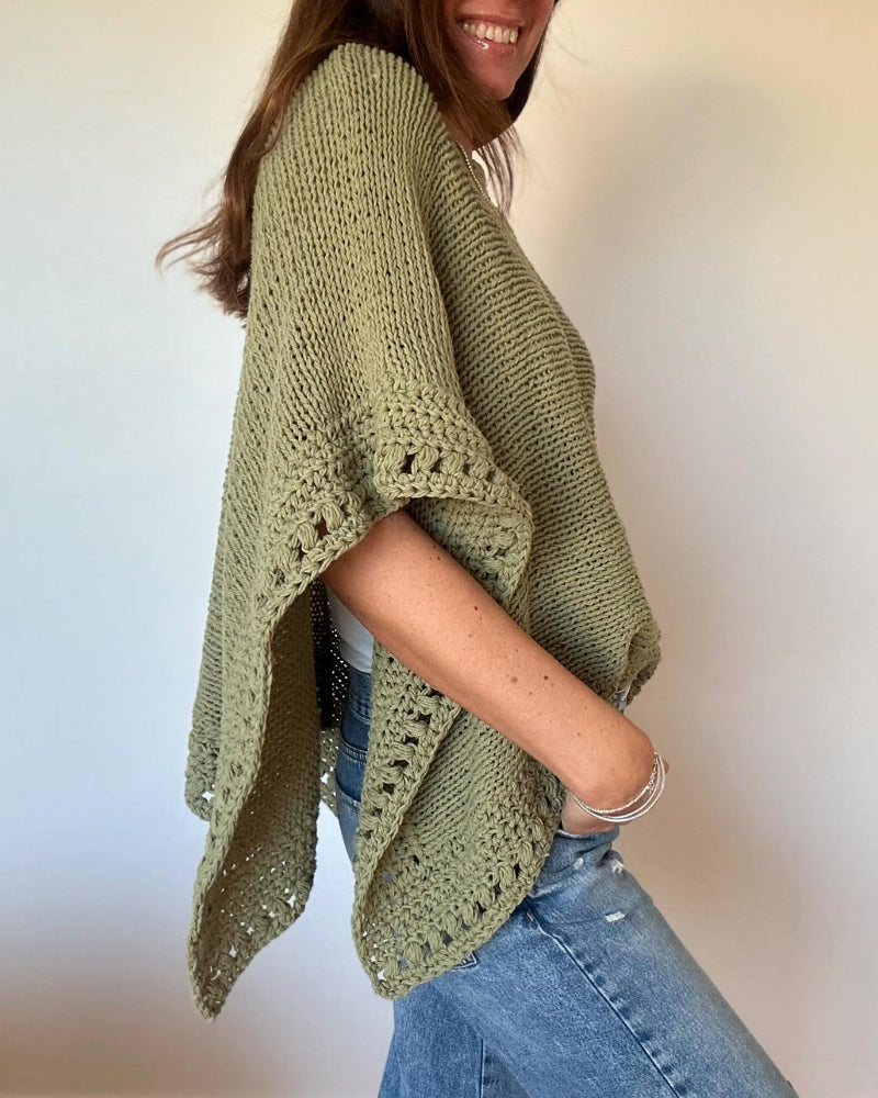 Solid Three Quarters Batwing Sleeve Hollow out Pattern Edges Casual Knit Top
