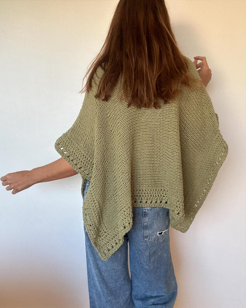 Solid Three Quarters Batwing Sleeve Hollow out Pattern Edges Casual Knit Top