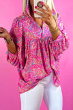 Purple Plus Size Floral Print Puff Sleeve V Neck Blouse