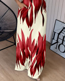 Plants Print Thick Strap Dress Casual Slim Fit Slit Maxi Dress with Pockets