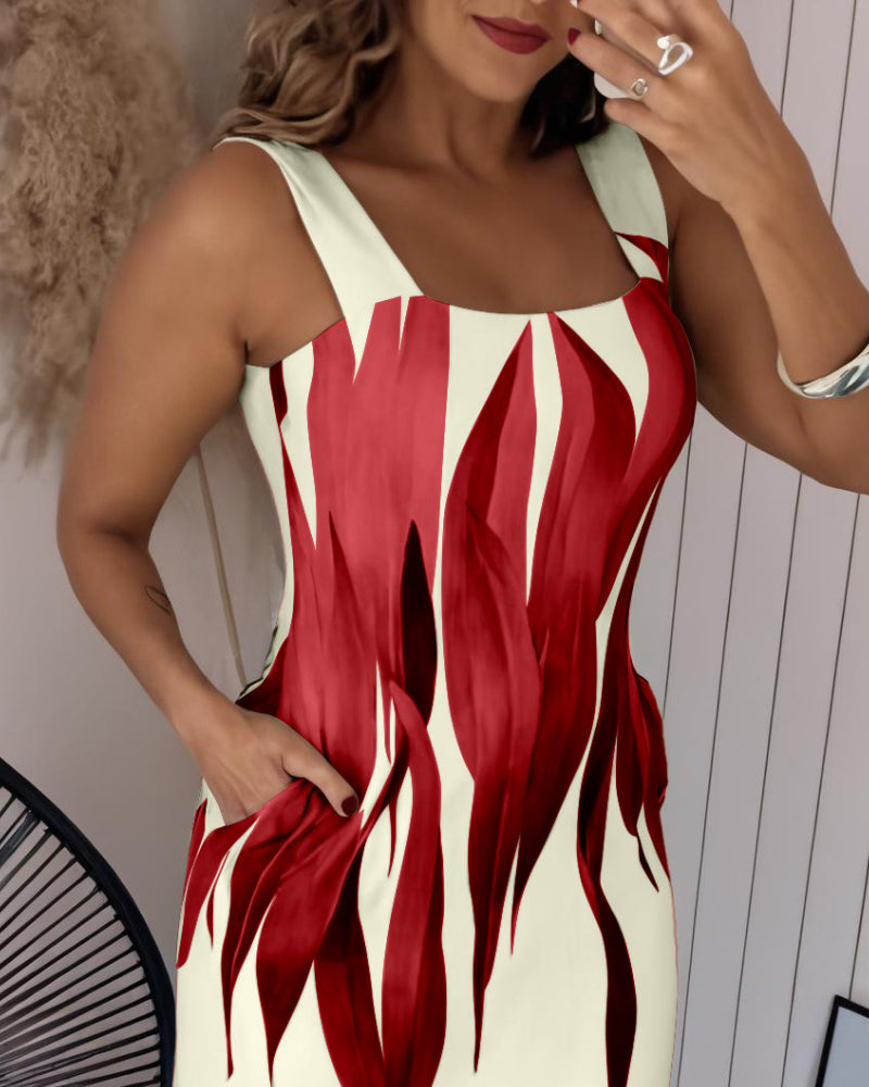 Plants Print Thick Strap Dress Casual Slim Fit Slit Maxi Dress with Pockets