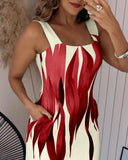 Plants Print Thick Strap Dress Casual Slim Fit Slit Maxi Dress with Pockets