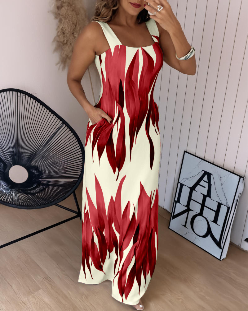 Plants Print Thick Strap Dress Casual Slim Fit Slit Maxi Dress with Pockets