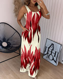 Plants Print Thick Strap Dress Casual Slim Fit Slit Maxi Dress with Pockets