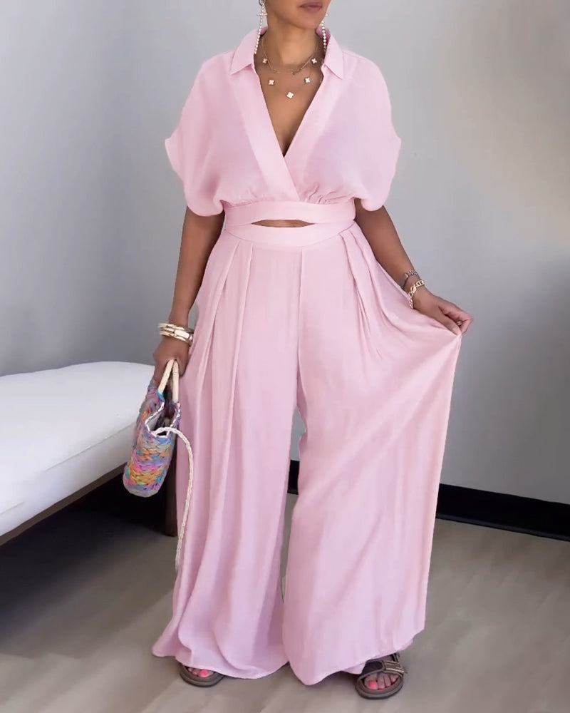 2 Pieces Outfit Turn down Collar Batwing Sleeve Crop Top and Casual High Waist Wide Leg Pants Set