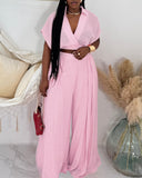 2 Pieces Outfit Turn down Collar Batwing Sleeve Crop Top and Casual High Waist Wide Leg Pants Set