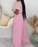2 Pieces Outfit Turn down Collar Batwing Sleeve Crop Top and Casual High Waist Wide Leg Pants Set
